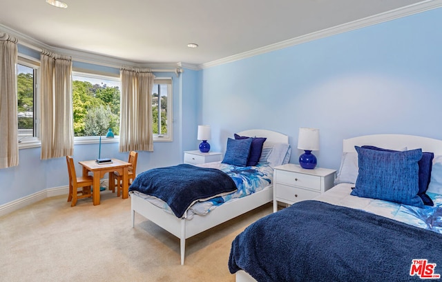 carpeted bedroom with crown molding