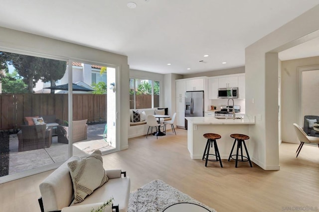 living room with light hardwood / wood-style flooring and sink