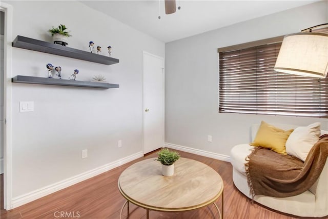 sitting room featuring ceiling fan and wood-type flooring