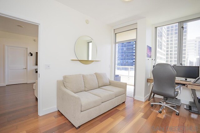 home office with a wealth of natural light and hardwood / wood-style flooring