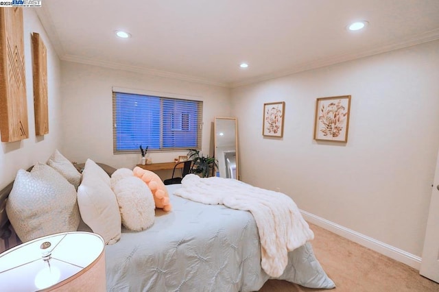 carpeted bedroom featuring crown molding