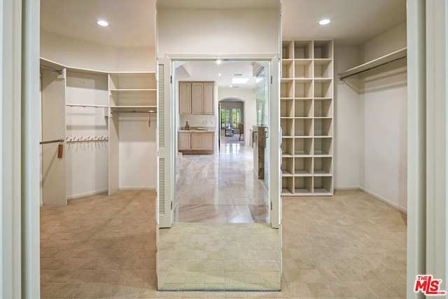 walk in closet with light carpet