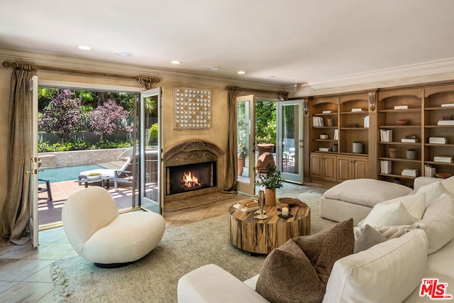 living room with crown molding