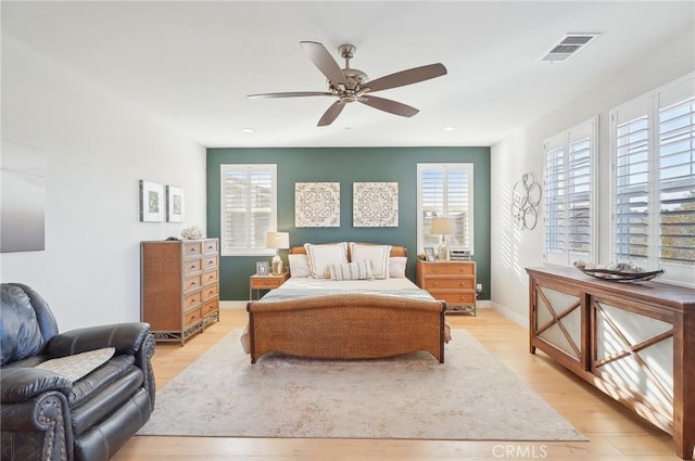 bedroom featuring ceiling fan and light wood-type flooring