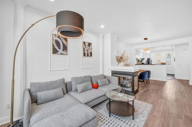 living room featuring a multi sided fireplace and wood-type flooring