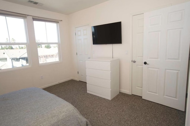 bedroom featuring a closet and dark carpet