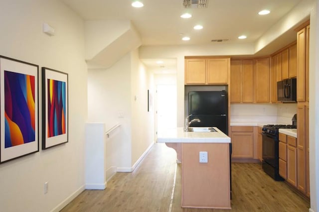 kitchen with black appliances, an island with sink, light hardwood / wood-style flooring, and sink