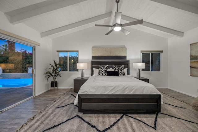 bedroom with access to exterior, hardwood / wood-style flooring, high vaulted ceiling, ceiling fan, and beam ceiling