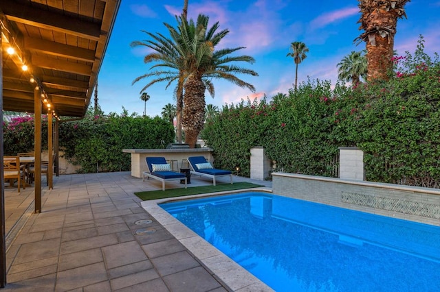 pool at dusk featuring exterior bar and a patio