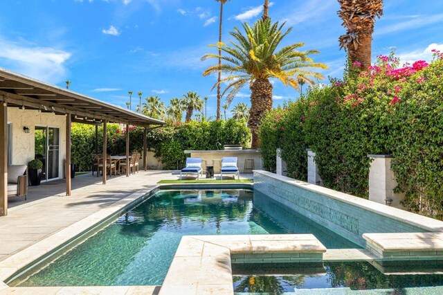 view of pool featuring area for grilling and a patio