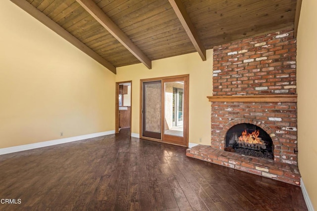 unfurnished living room featuring a fireplace, vaulted ceiling with beams, dark hardwood / wood-style flooring, and wooden ceiling