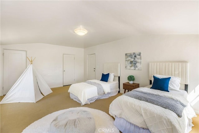 bedroom with vaulted ceiling and a closet