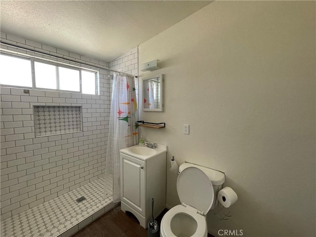 bathroom featuring toilet, vanity, wood-type flooring, a textured ceiling, and curtained shower