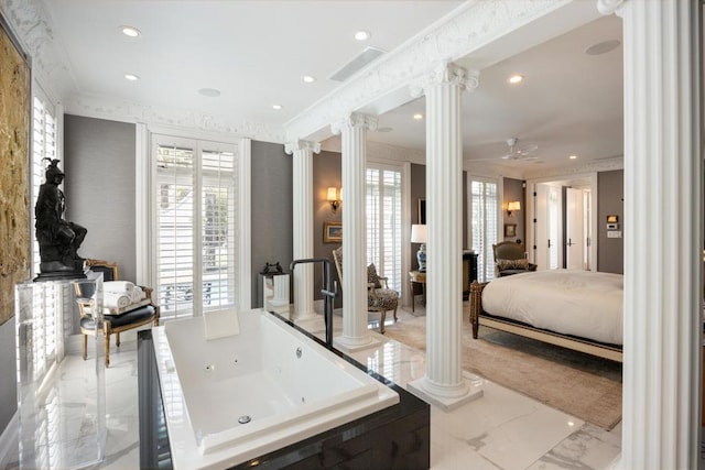 bathroom with ornate columns, ornamental molding, tiled tub, and ceiling fan