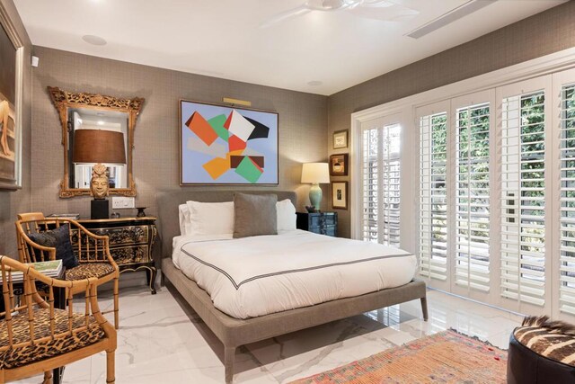 bedroom featuring ceiling fan and access to outside