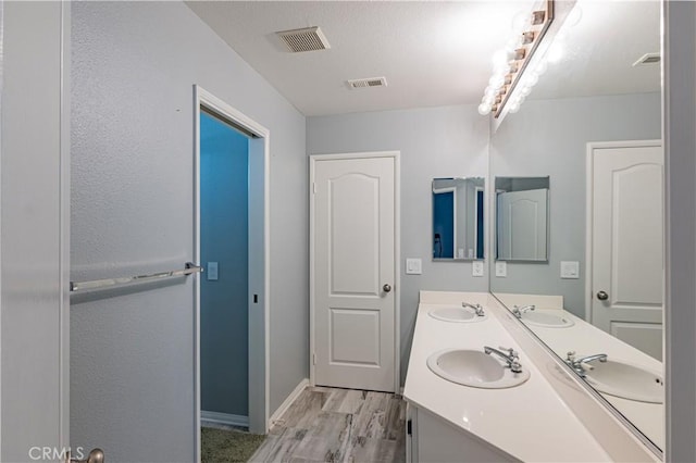 bathroom with hardwood / wood-style floors and vanity