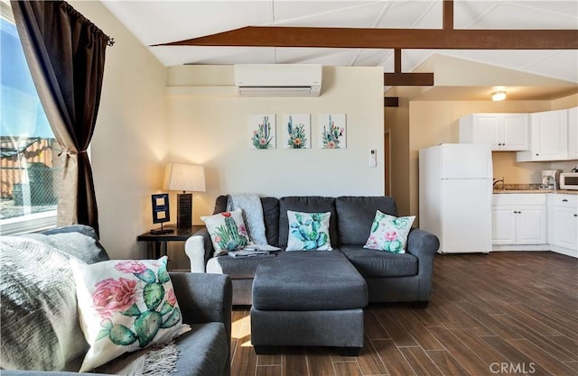 living room with vaulted ceiling with beams, an AC wall unit, and sink