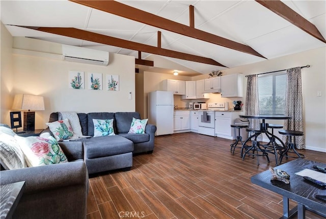 living room featuring dark hardwood / wood-style floors, an AC wall unit, and lofted ceiling with beams