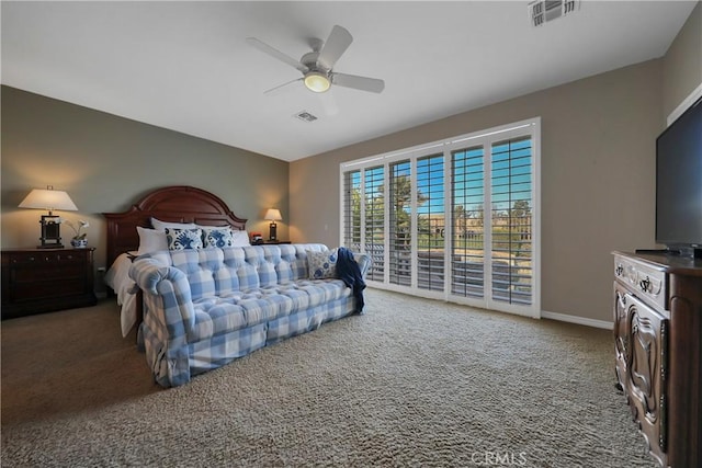 bedroom featuring ceiling fan, carpet, and access to exterior