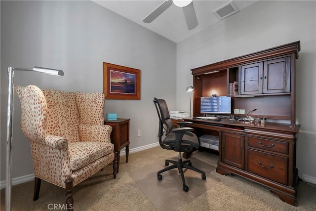 carpeted office with ceiling fan and lofted ceiling