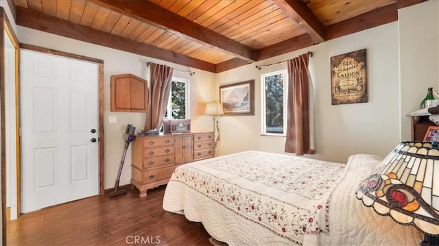 bedroom featuring dark wood-type flooring, wood ceiling, and beamed ceiling