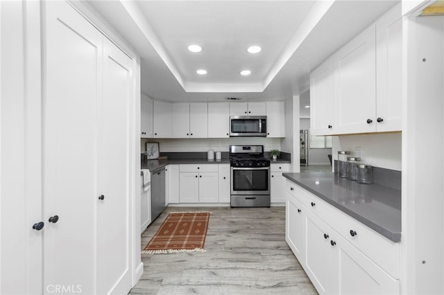 kitchen with stainless steel appliances, a raised ceiling, light hardwood / wood-style flooring, and white cabinets