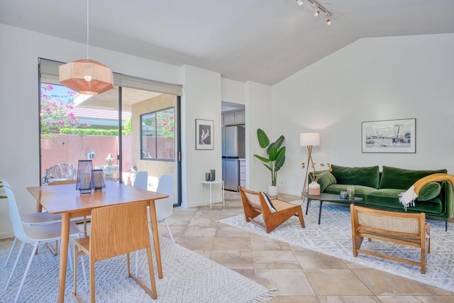 living room with rail lighting and vaulted ceiling