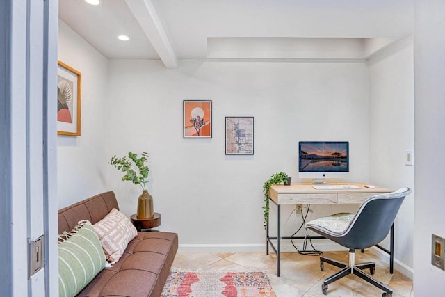 tiled home office featuring beamed ceiling