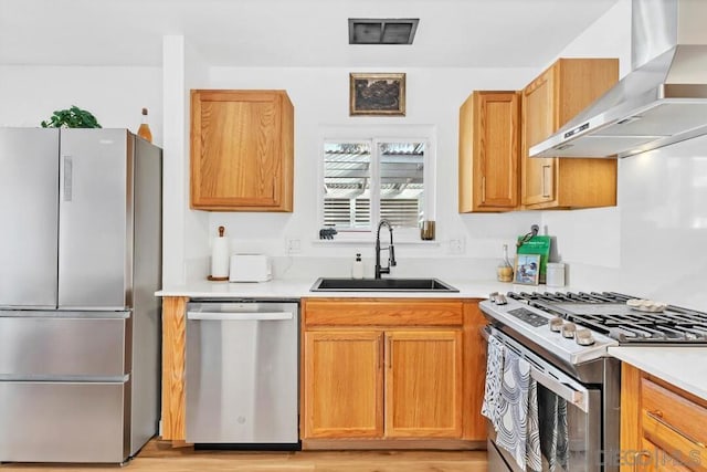 kitchen with wall chimney range hood, sink, and appliances with stainless steel finishes