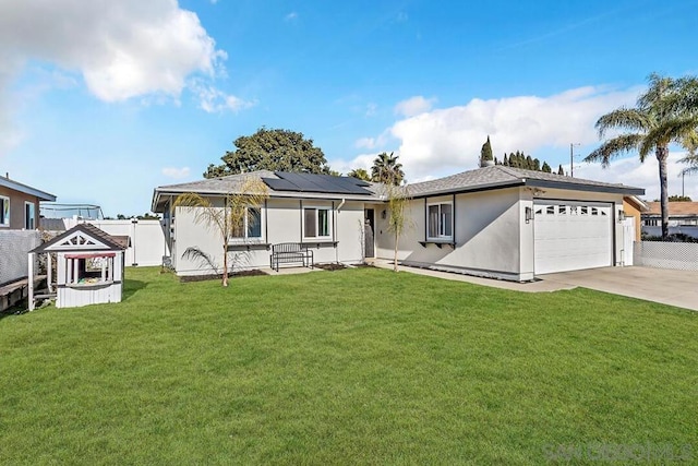 single story home featuring a front lawn, a garage, and solar panels