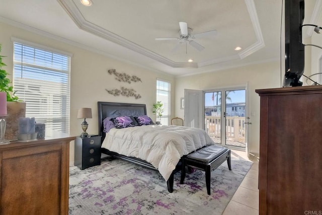 bedroom featuring light tile patterned floors, crown molding, ceiling fan, access to outside, and a raised ceiling