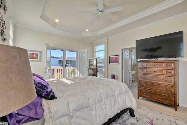 bedroom featuring ornamental molding, light tile patterned floors, access to outside, ceiling fan, and a tray ceiling