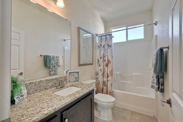 full bathroom with tile patterned flooring, shower / bath combo, vanity, and toilet