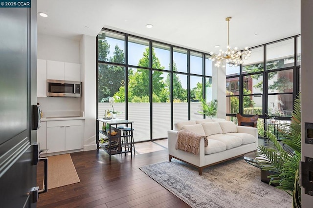 living room featuring a wall of windows, dark hardwood / wood-style floors, and a notable chandelier