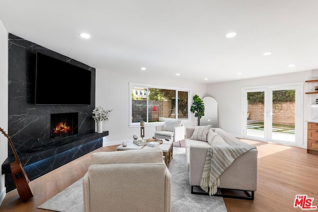 living room with light wood-type flooring and a fireplace