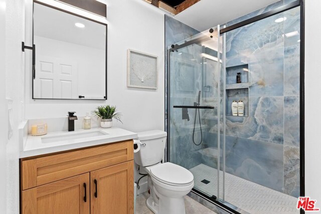 bathroom featuring toilet, vanity, and a shower with door