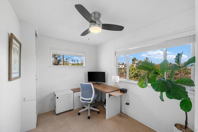 carpeted office space featuring ceiling fan