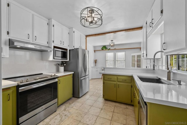 kitchen with sink, green cabinets, stainless steel appliances, and white cabinetry