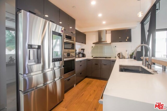 kitchen featuring light hardwood / wood-style floors, sink, hanging light fixtures, appliances with stainless steel finishes, and wall chimney exhaust hood