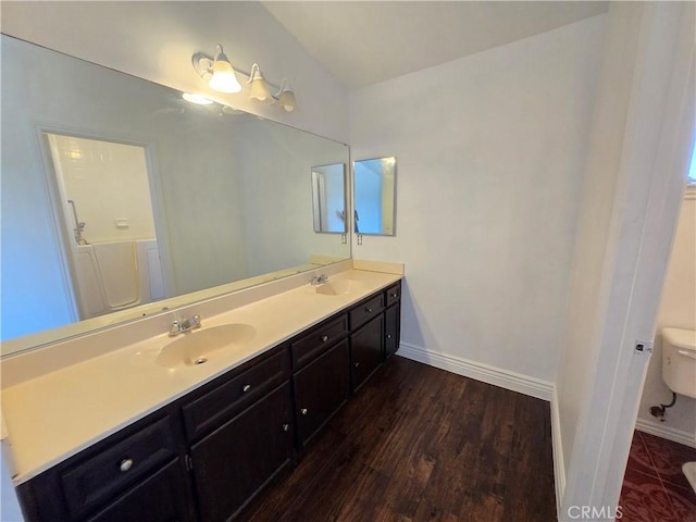 bathroom featuring toilet, vanity, and wood-type flooring