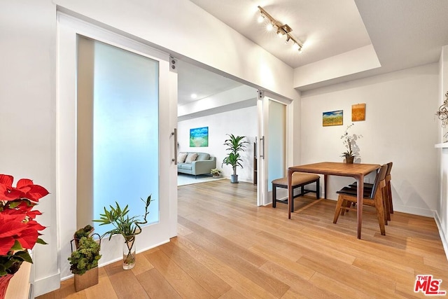 hallway featuring track lighting and light hardwood / wood-style floors