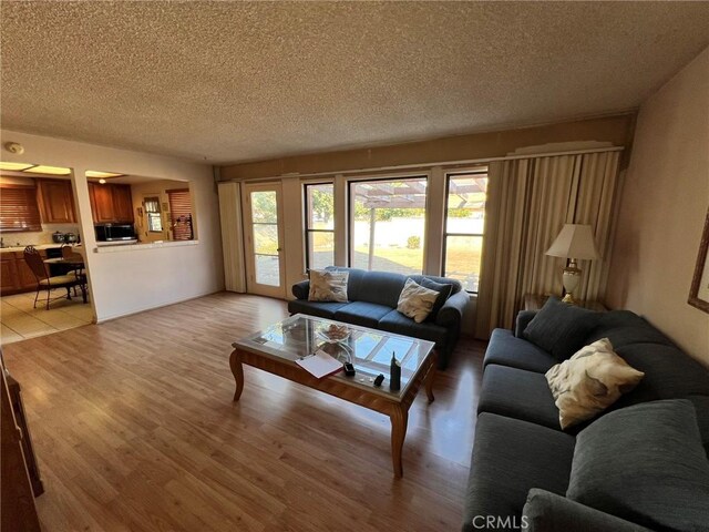 living room with a textured ceiling and light hardwood / wood-style flooring