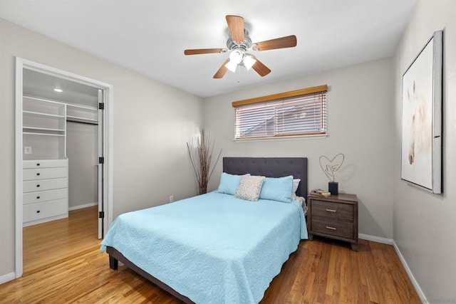 bedroom featuring hardwood / wood-style flooring, a walk in closet, a closet, and ceiling fan