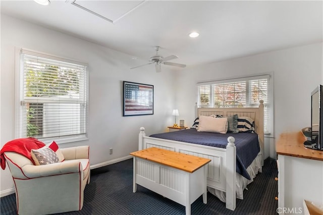 carpeted bedroom featuring ceiling fan