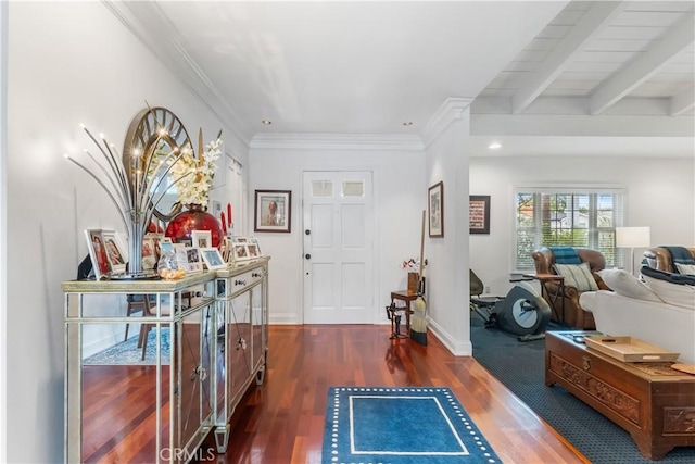 foyer featuring beam ceiling and dark hardwood / wood-style floors