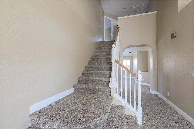 stairs featuring a towering ceiling and carpet flooring