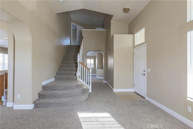 staircase featuring carpet