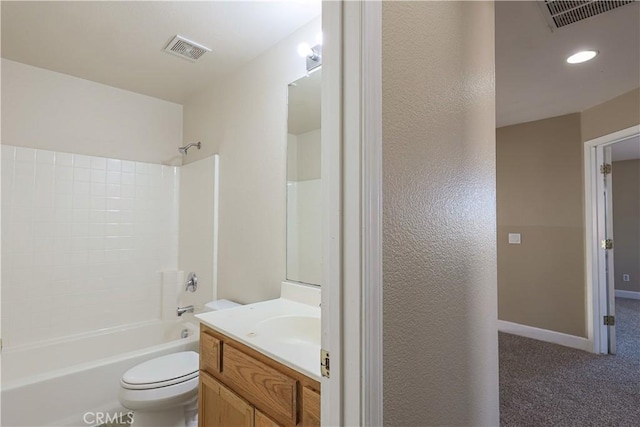 full bathroom with toilet, vanity, and shower / bath combination