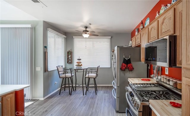 kitchen featuring ceiling fan, appliances with stainless steel finishes, and light hardwood / wood-style floors