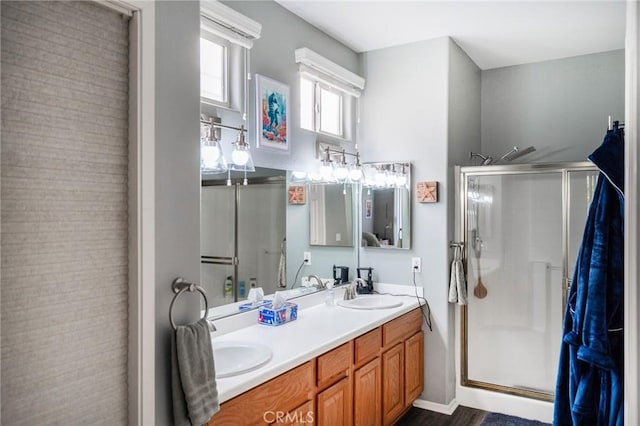 bathroom featuring a shower with door and vanity